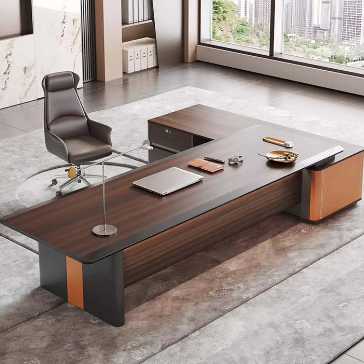 Brown Top Gray Base Long L-Shape Wood Executive Desk — Table Only