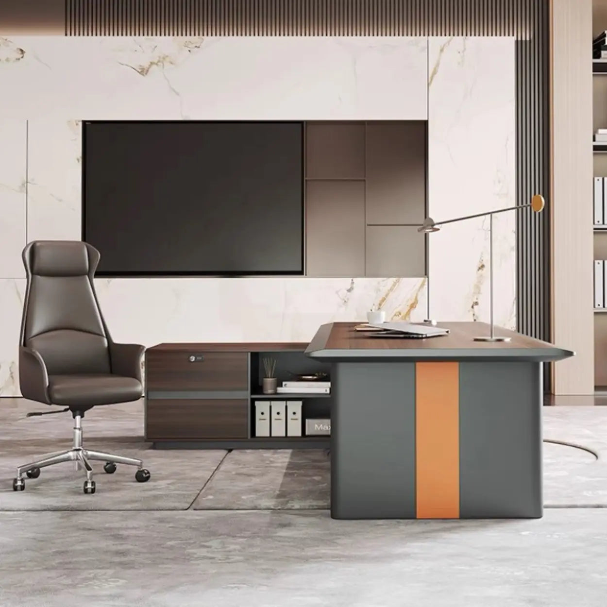 Brown Top Gray Base Long L-Shape Wood Executive Desk — Table Only