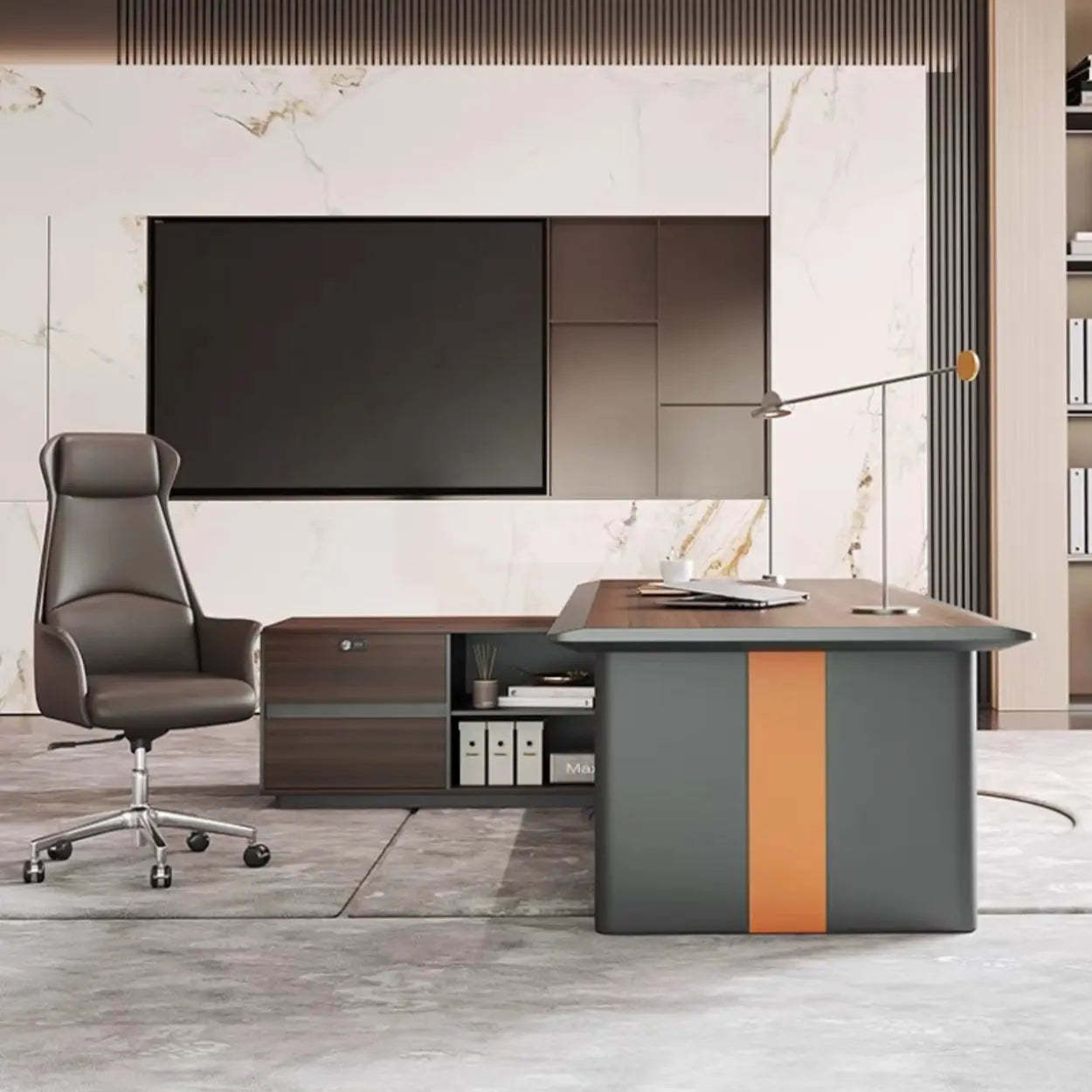 Brown Top Gray Base Long L-Shape Wood Executive Desk — Table Only
