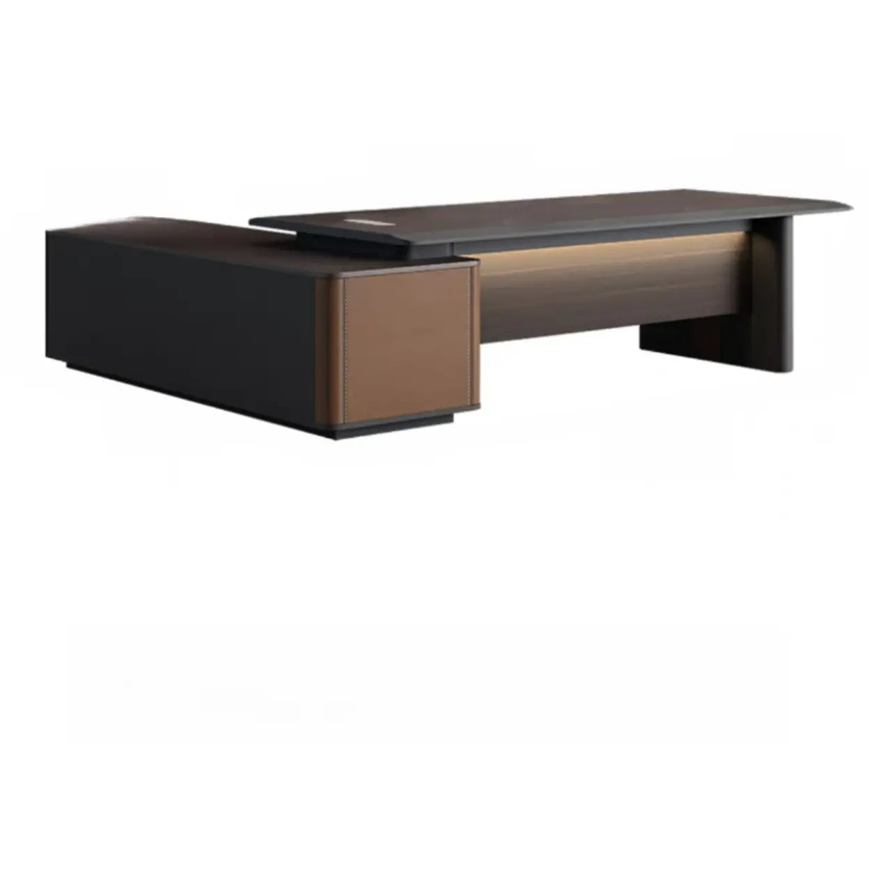 Brown Top Gray Base Long L-Shape Wood Executive Desk — Table Only