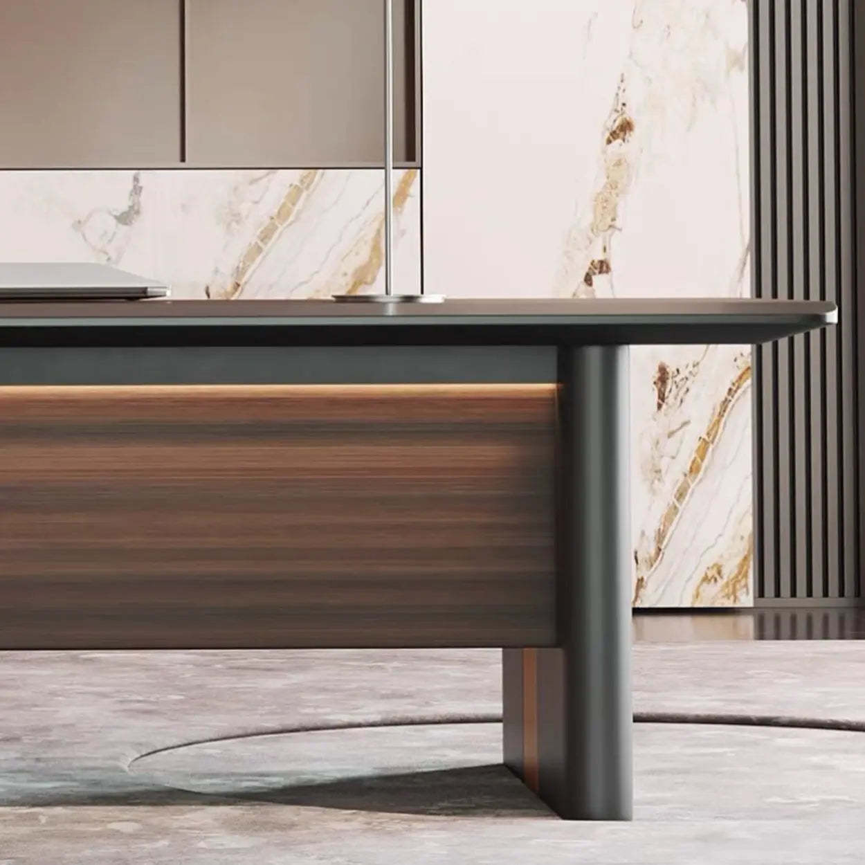Brown Top Gray Base Long L-Shape Wood Executive Desk