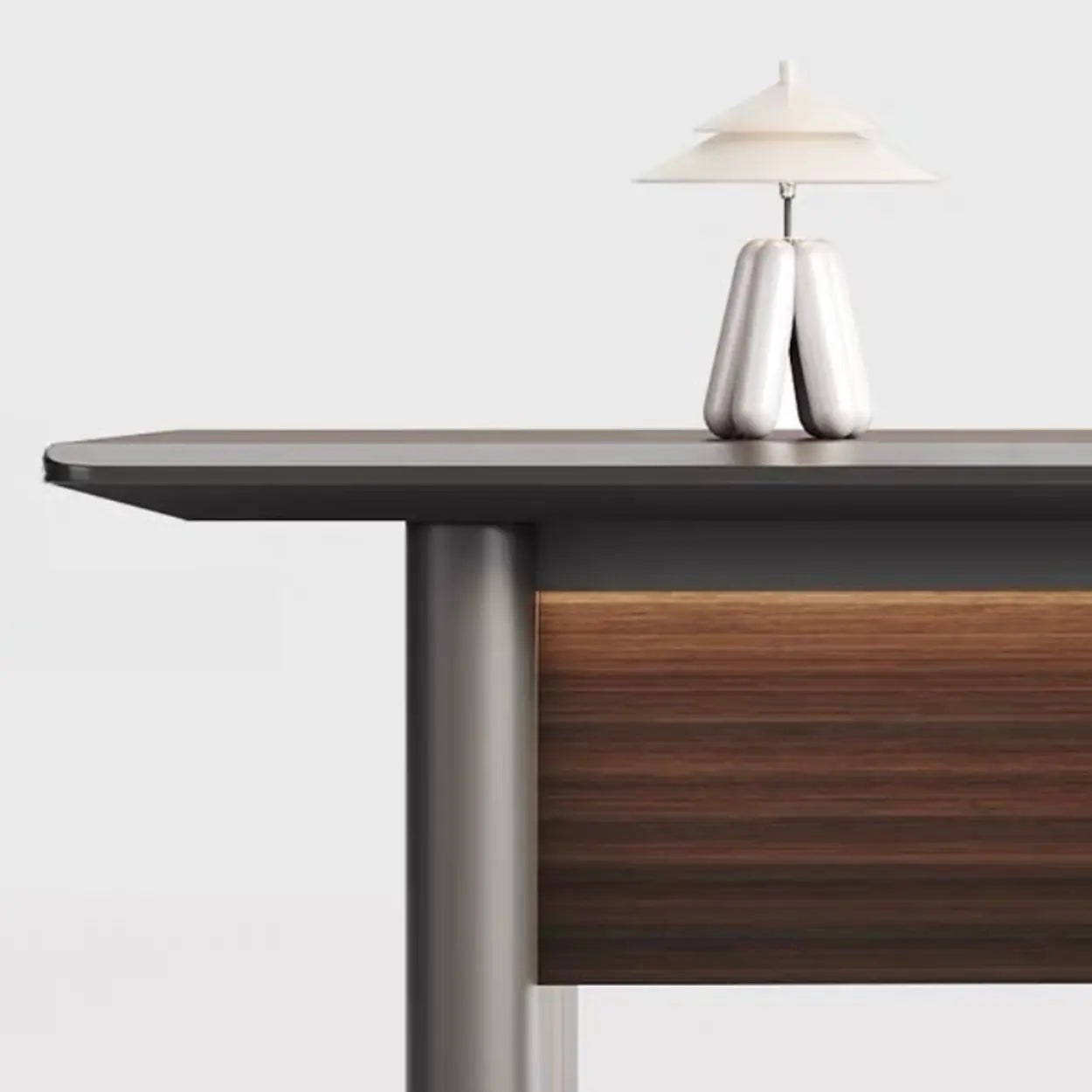 Brown Top Gray Base Long L-Shape Wood Executive Desk