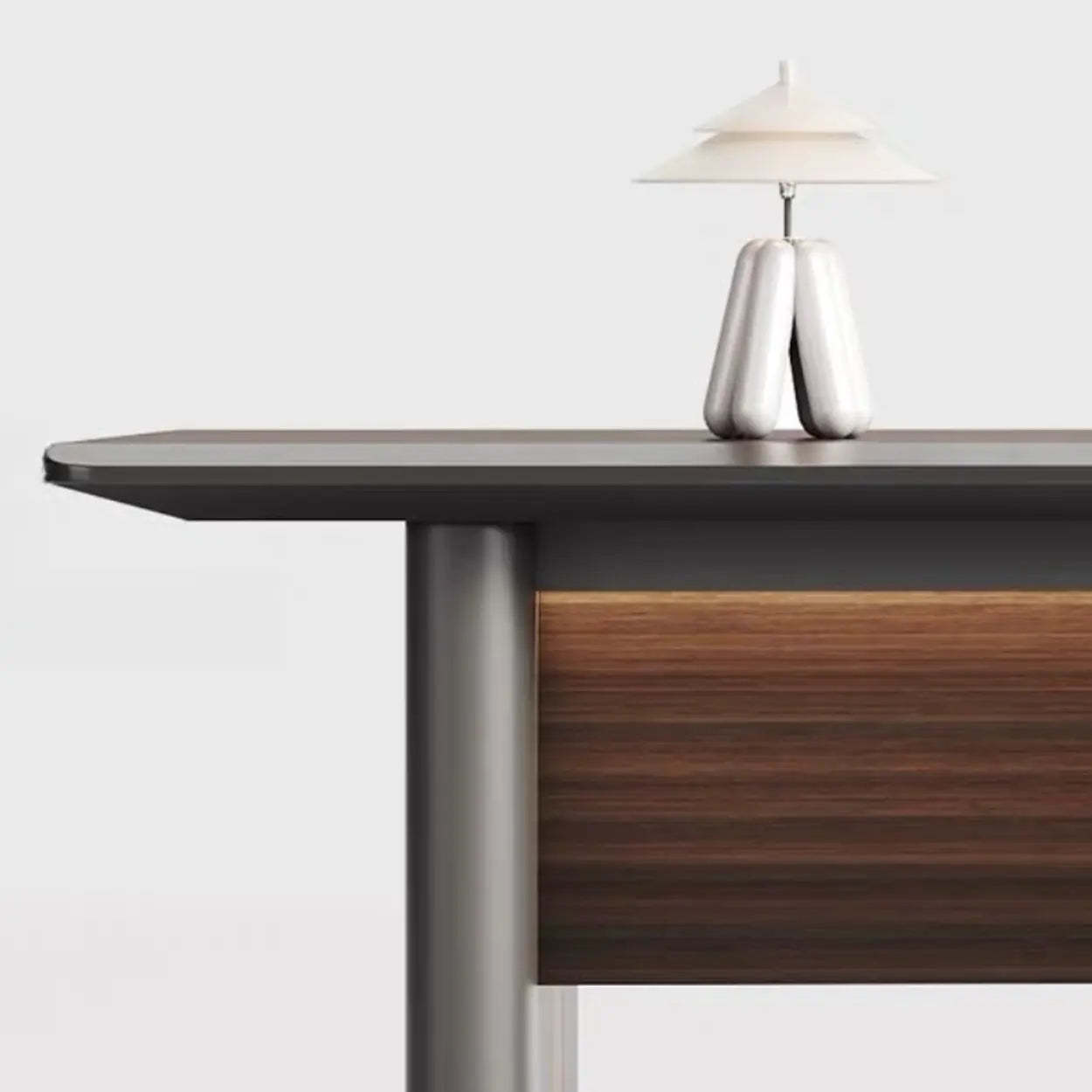 Brown Top Gray Base Long L-Shape Wood Executive Desk