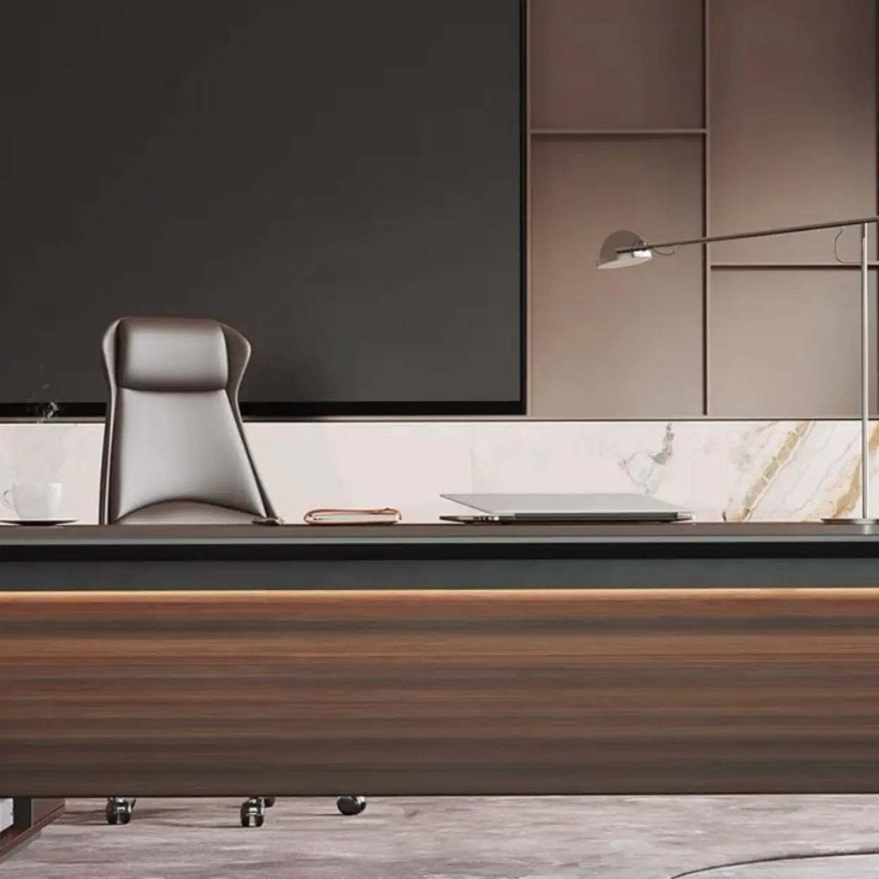 Brown Top Gray Base Long L-Shape Wood Executive Desk