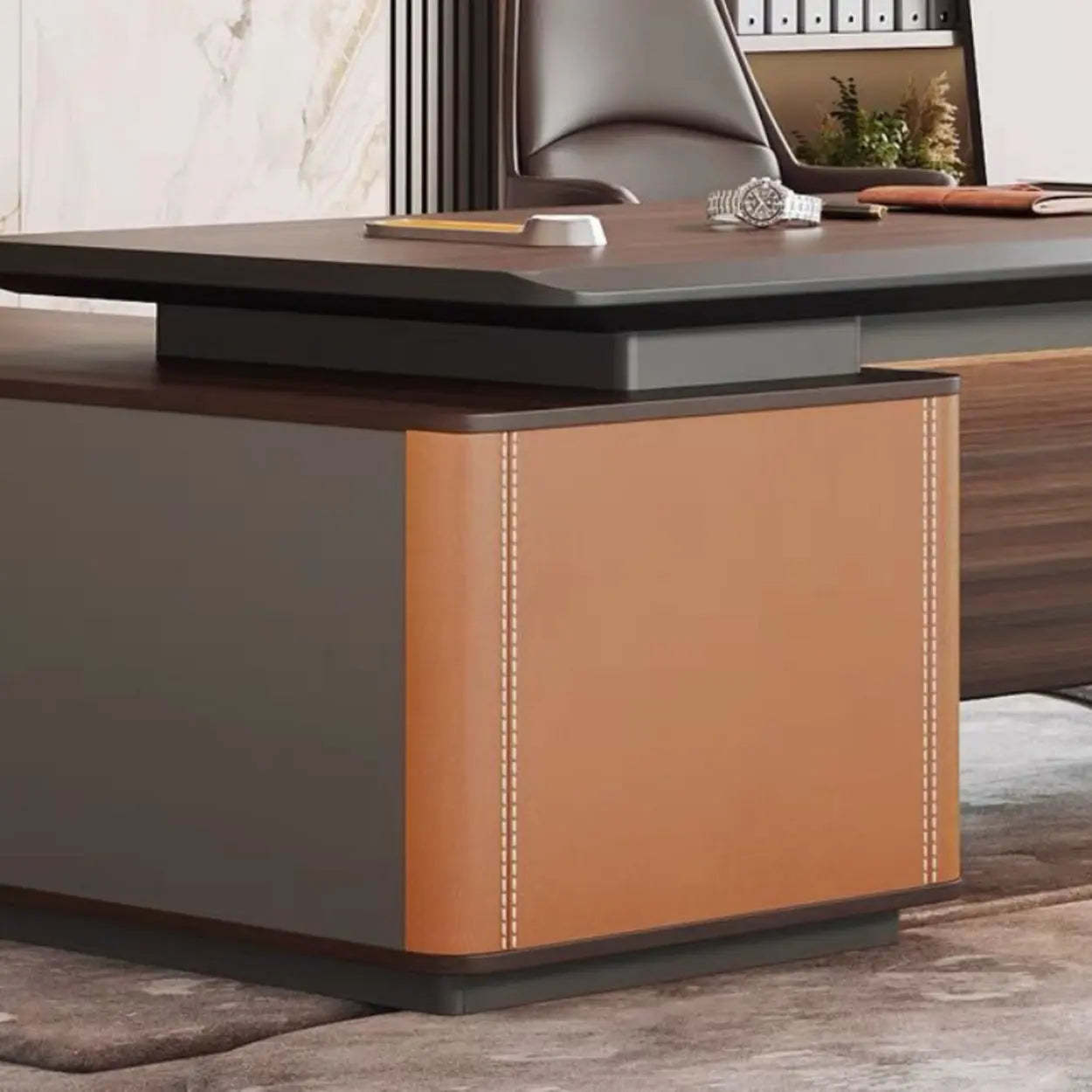Brown Top Gray Base Long L-Shape Wood Executive Desk