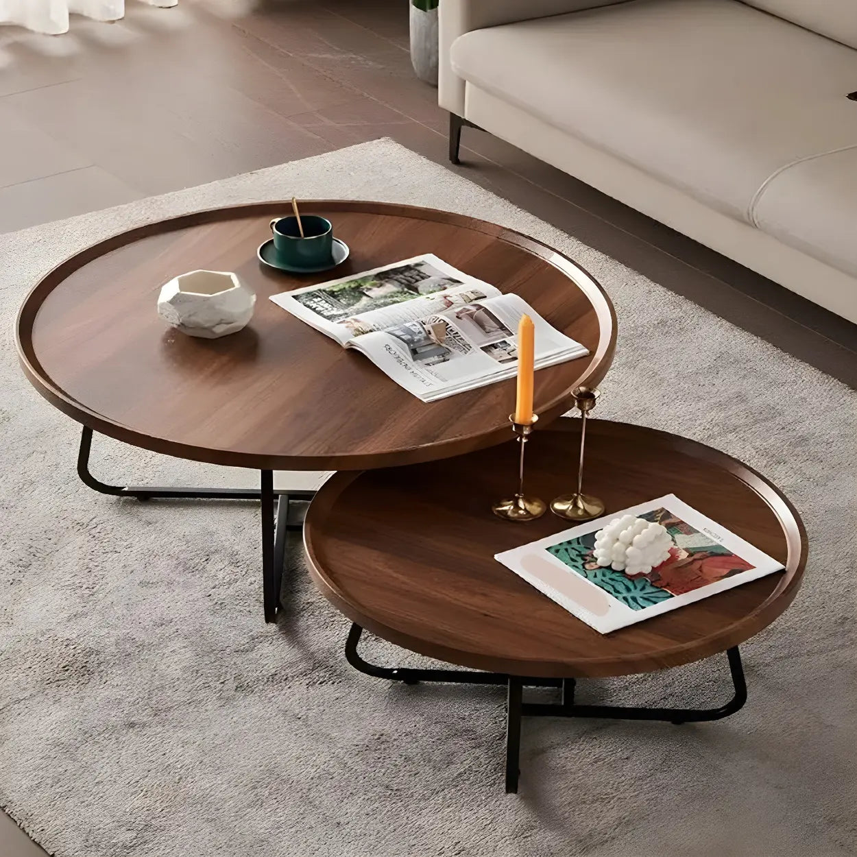 Brown Tray-Top Round Cross-Leg Coffee Table