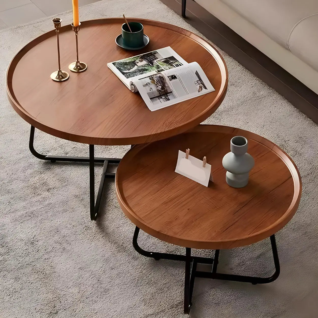 Brown Tray-Top Round Cross-Leg Coffee Table — Natural