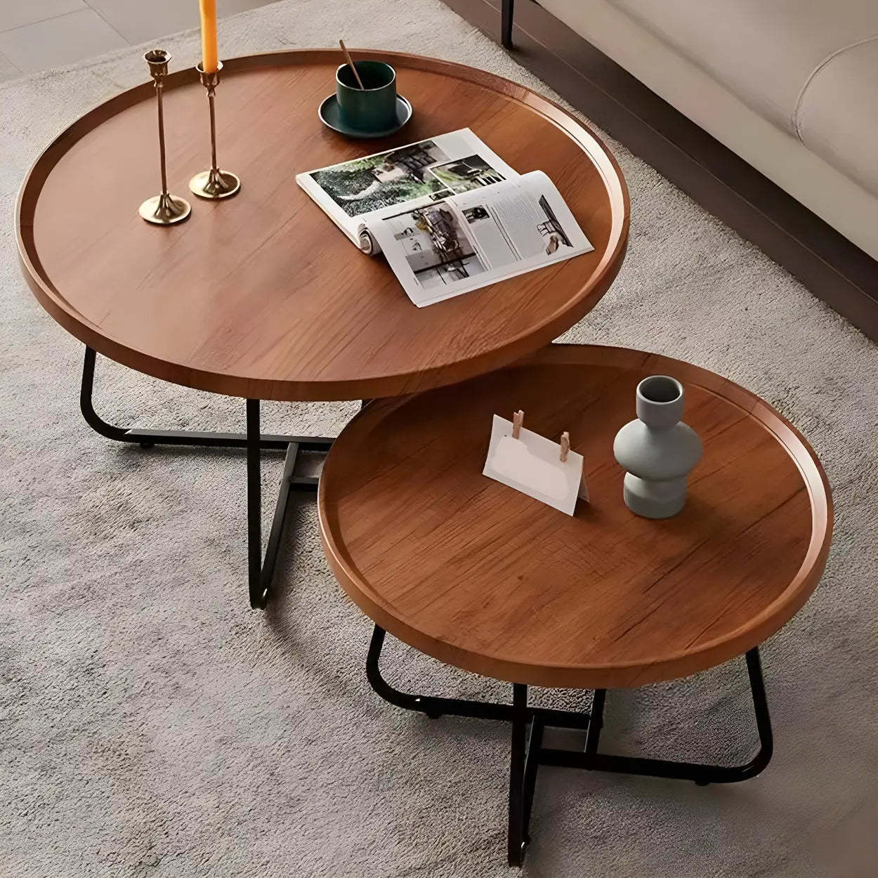 Brown Tray-Top Round Cross-Leg Coffee Table — Natural