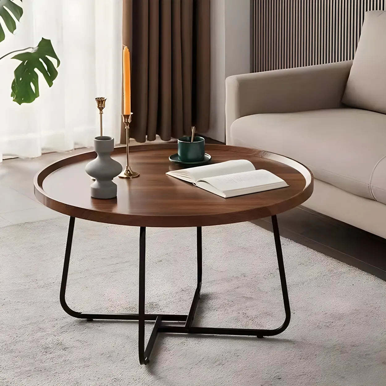 Brown Tray-Top Round Cross-Leg Coffee Table — Nut-Brown
