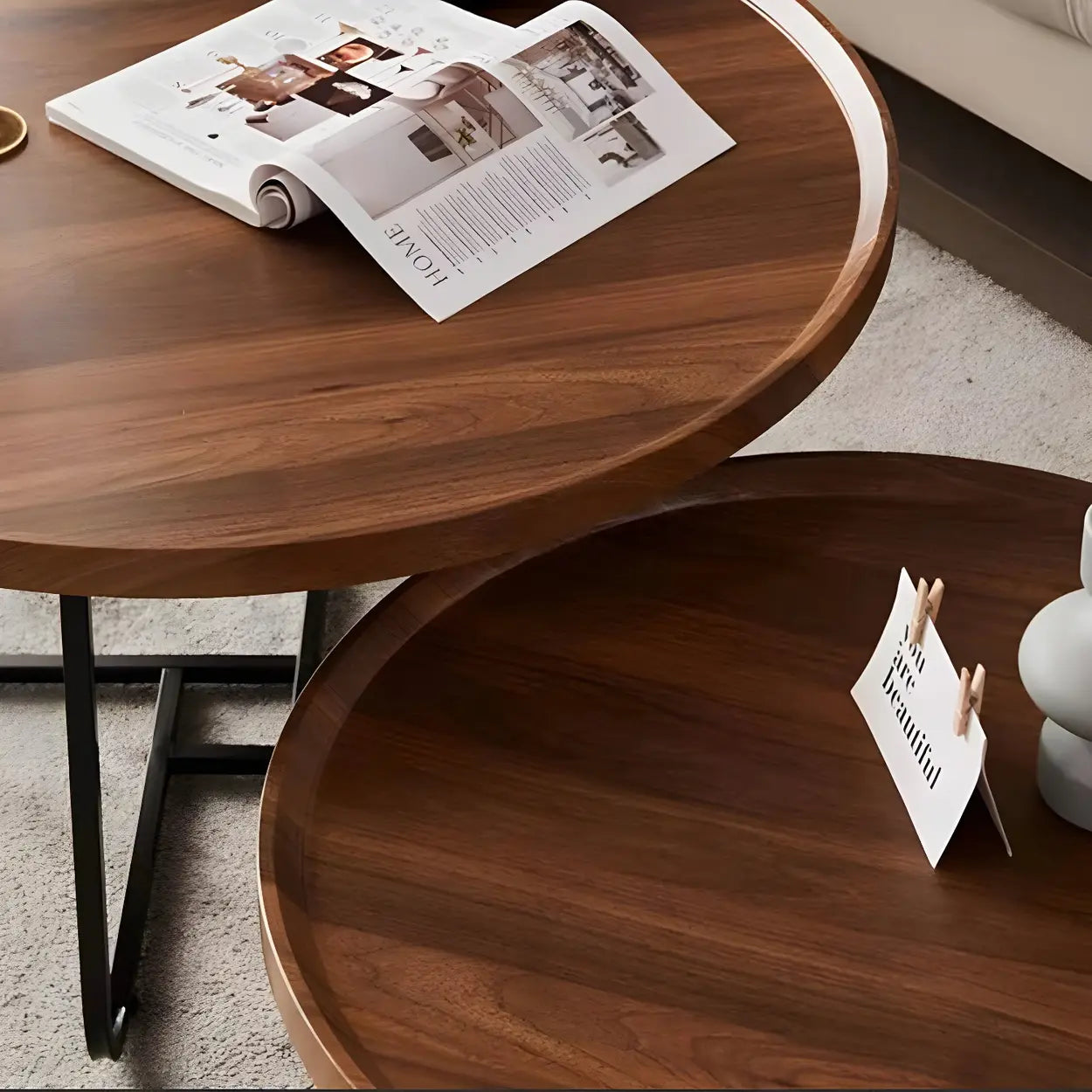 Brown Tray-Top Round Cross-Leg Coffee Table — Natural