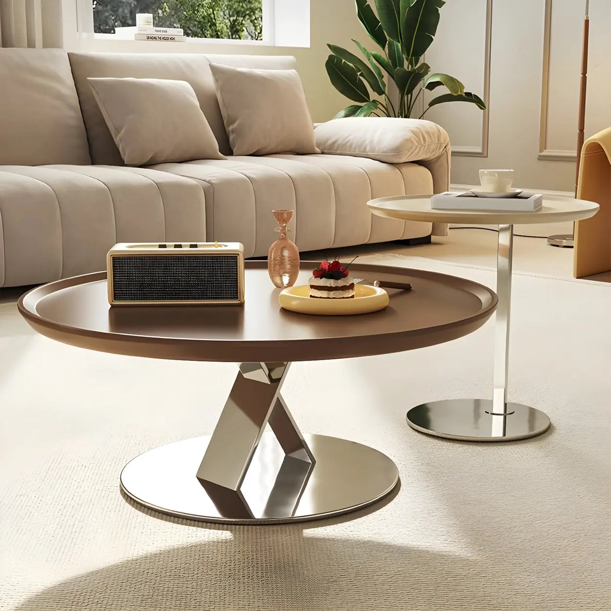 Brown Tray Top Stainless Steel Round Coffee Table