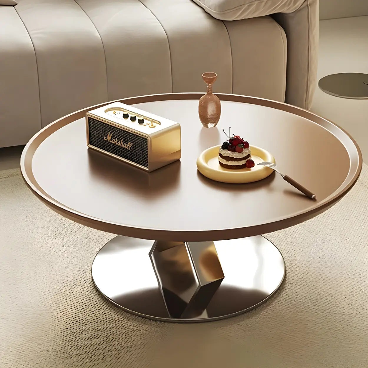 Brown Tray Top Stainless Steel Round Coffee Table