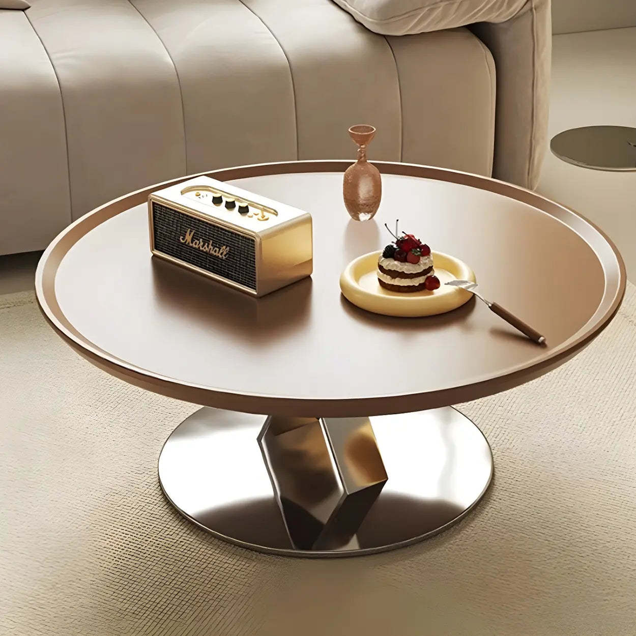 Brown Tray Top Stainless Steel Round Coffee Table