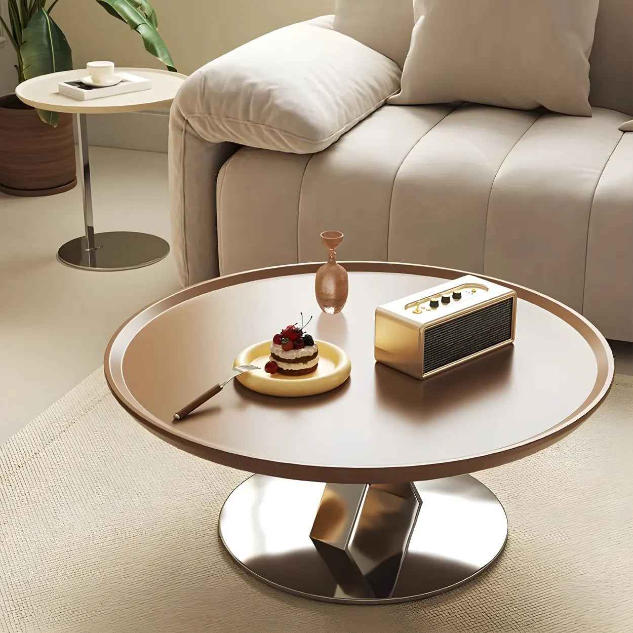 Brown Tray Top Stainless Steel Round Coffee Table