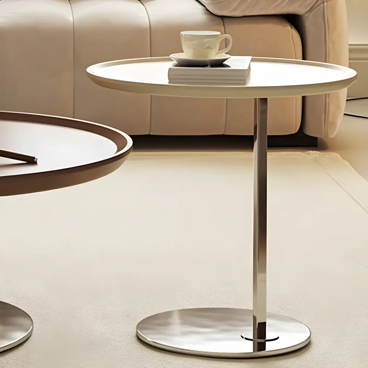 Brown Tray Top Stainless Steel Round Coffee Table
