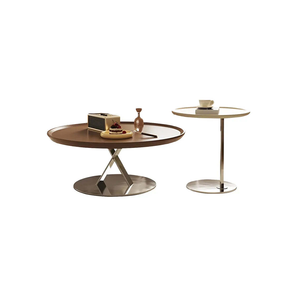 Brown Tray Top Stainless Steel Round Coffee Table