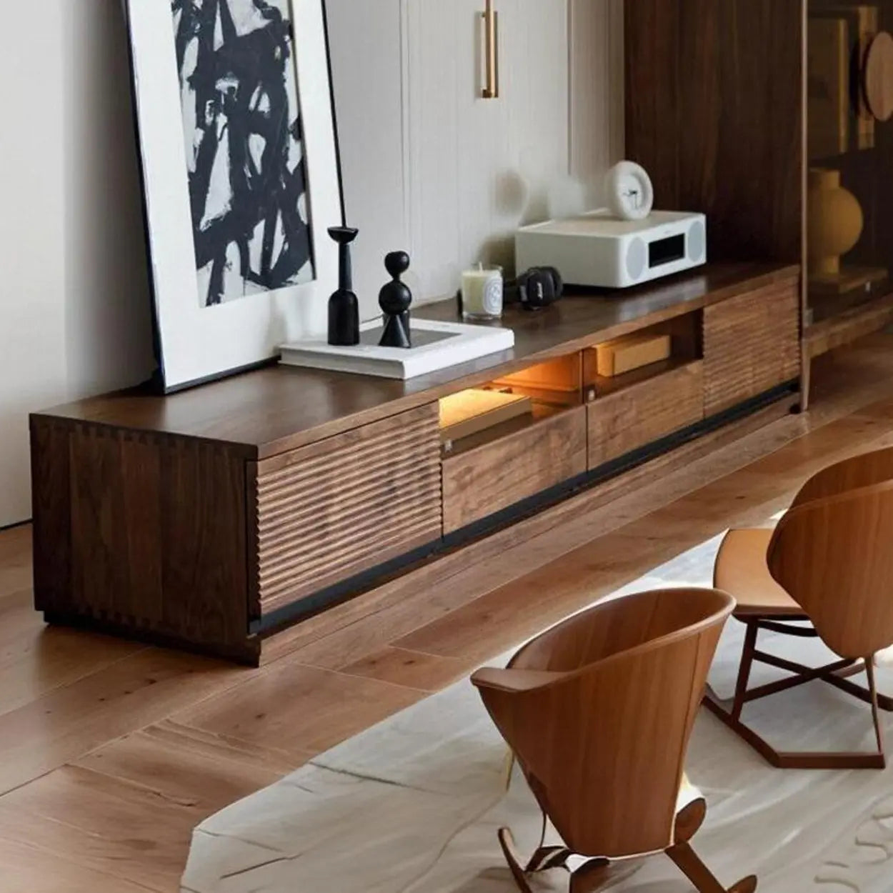Brown Walnut Wood 2-Tier TV Stand with Drawers