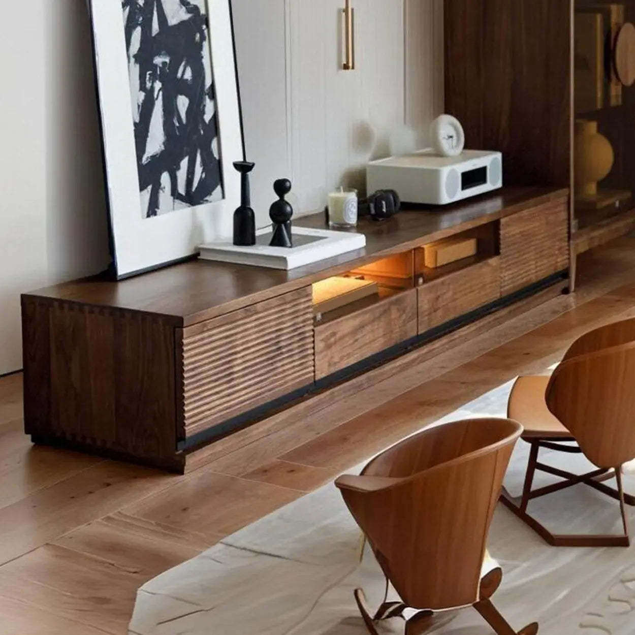 Brown Walnut Wood 2-Tier TV Stand with Drawers