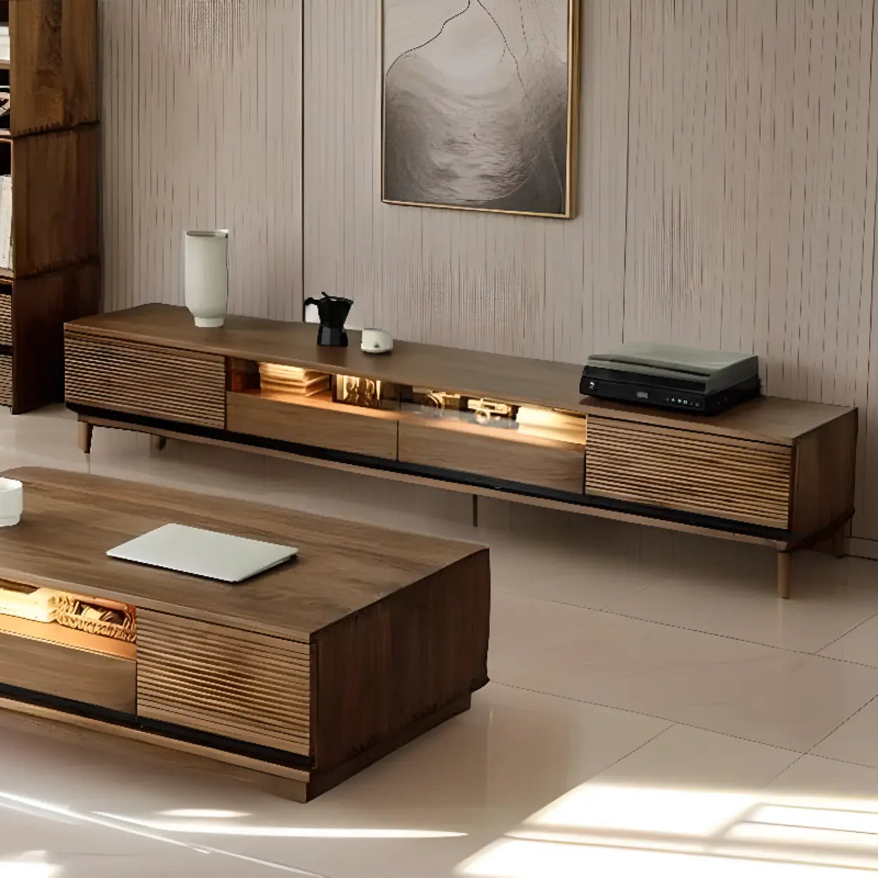 Brown Walnut Wood 2-Tier TV Stand with Drawers