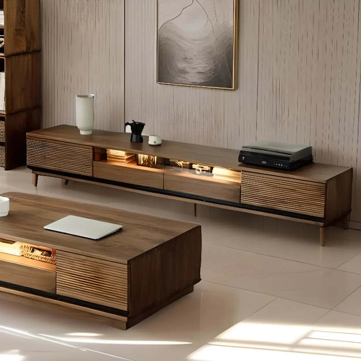 Brown Walnut Wood 2-Tier TV Stand with Drawers