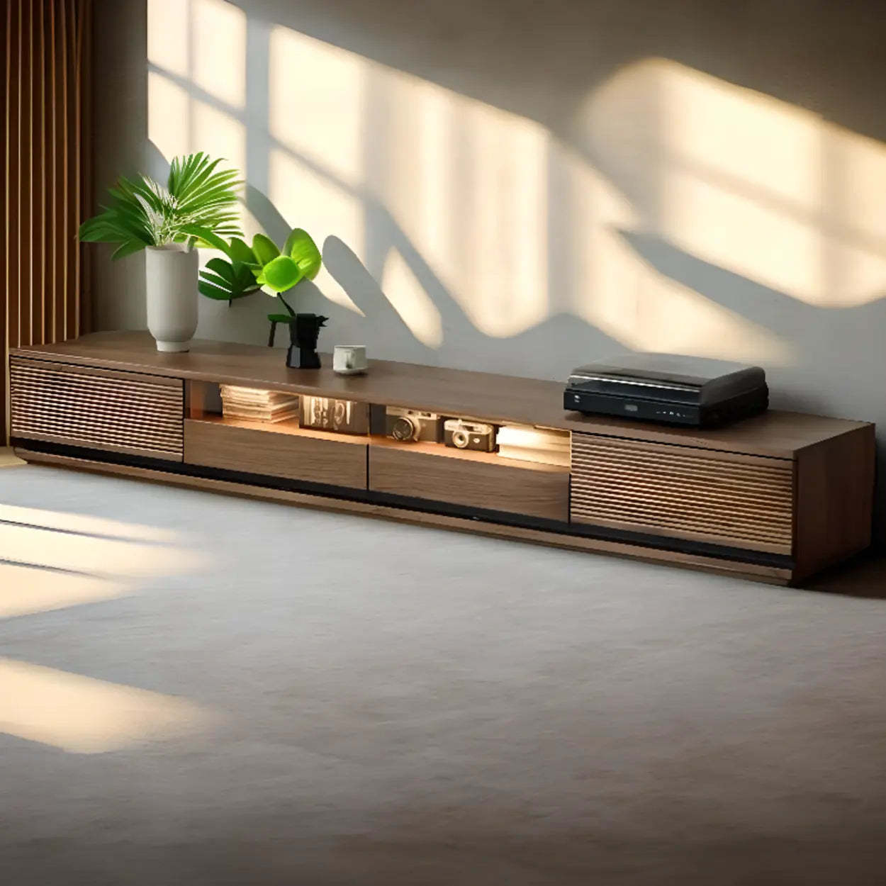 Brown Walnut Wood 2-Tier TV Stand with Drawers