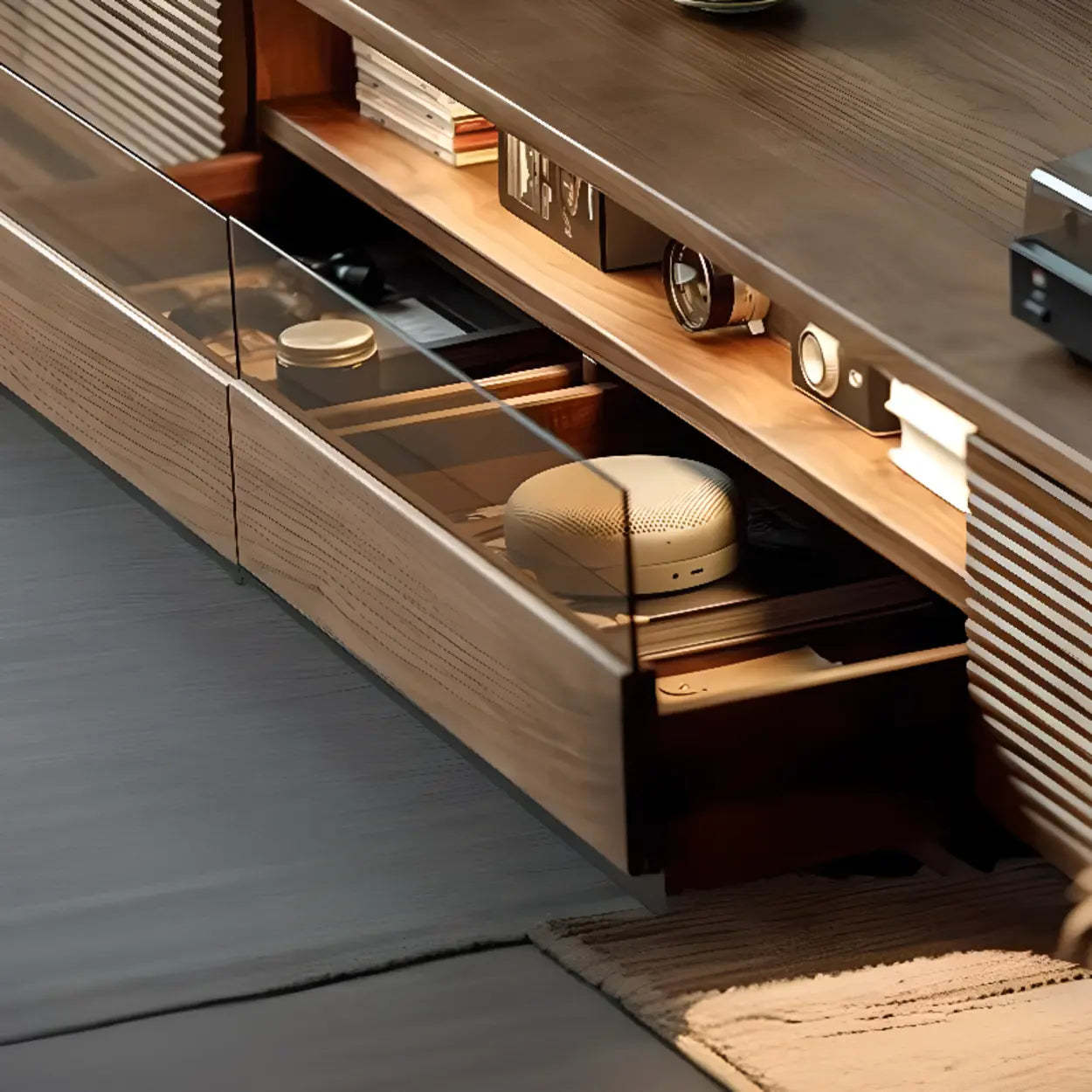 Brown Walnut Wood 2-Tier TV Stand with Drawers