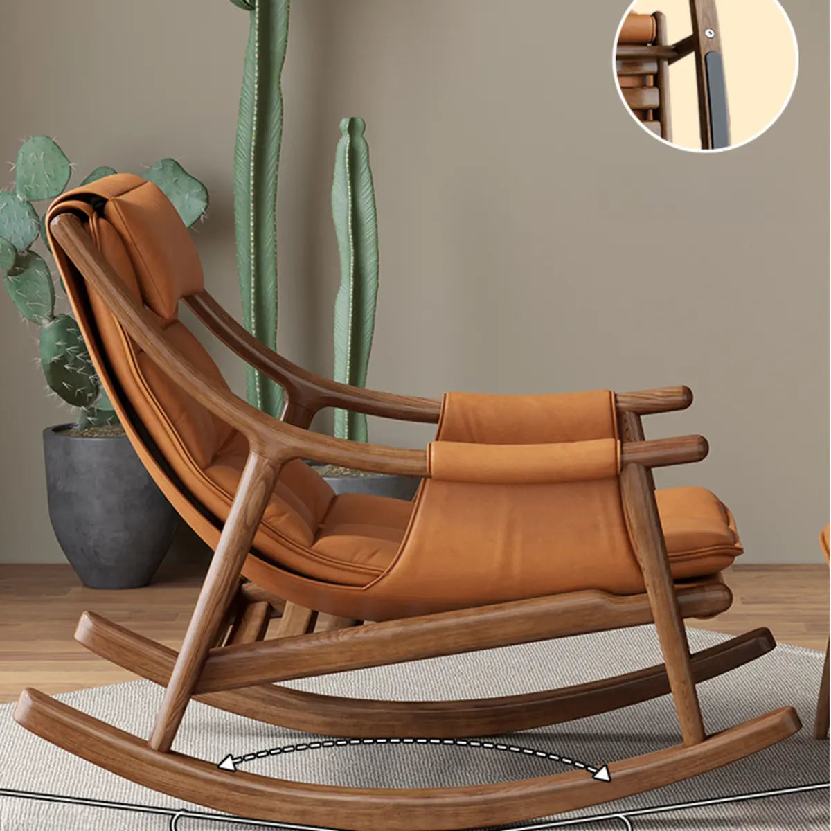 Brown Waterproof Tufted Wood Track Arm Rocking Chair — Brown / Genuine Leather