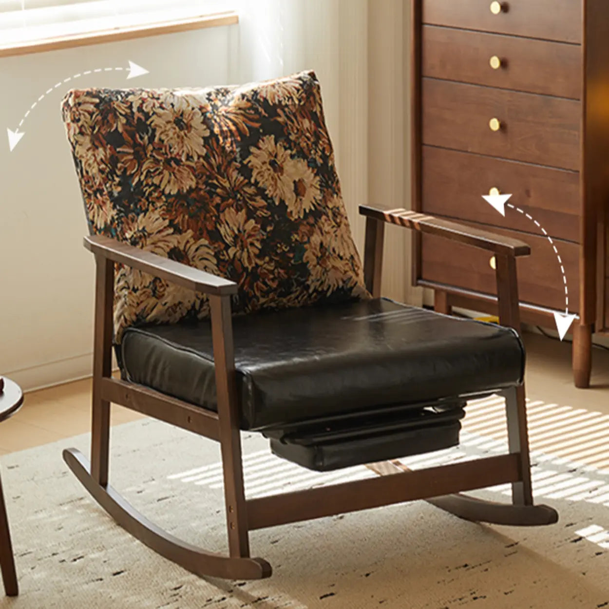 Brown Waterproof Wood Rocking Chair Track Arms