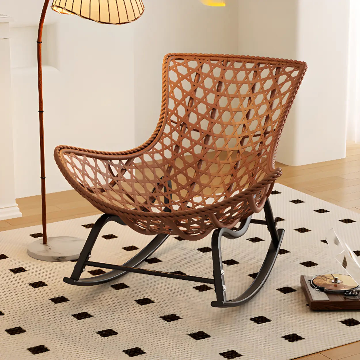 Brown Wicker Rattan Black Metal Leg Rocking Chair