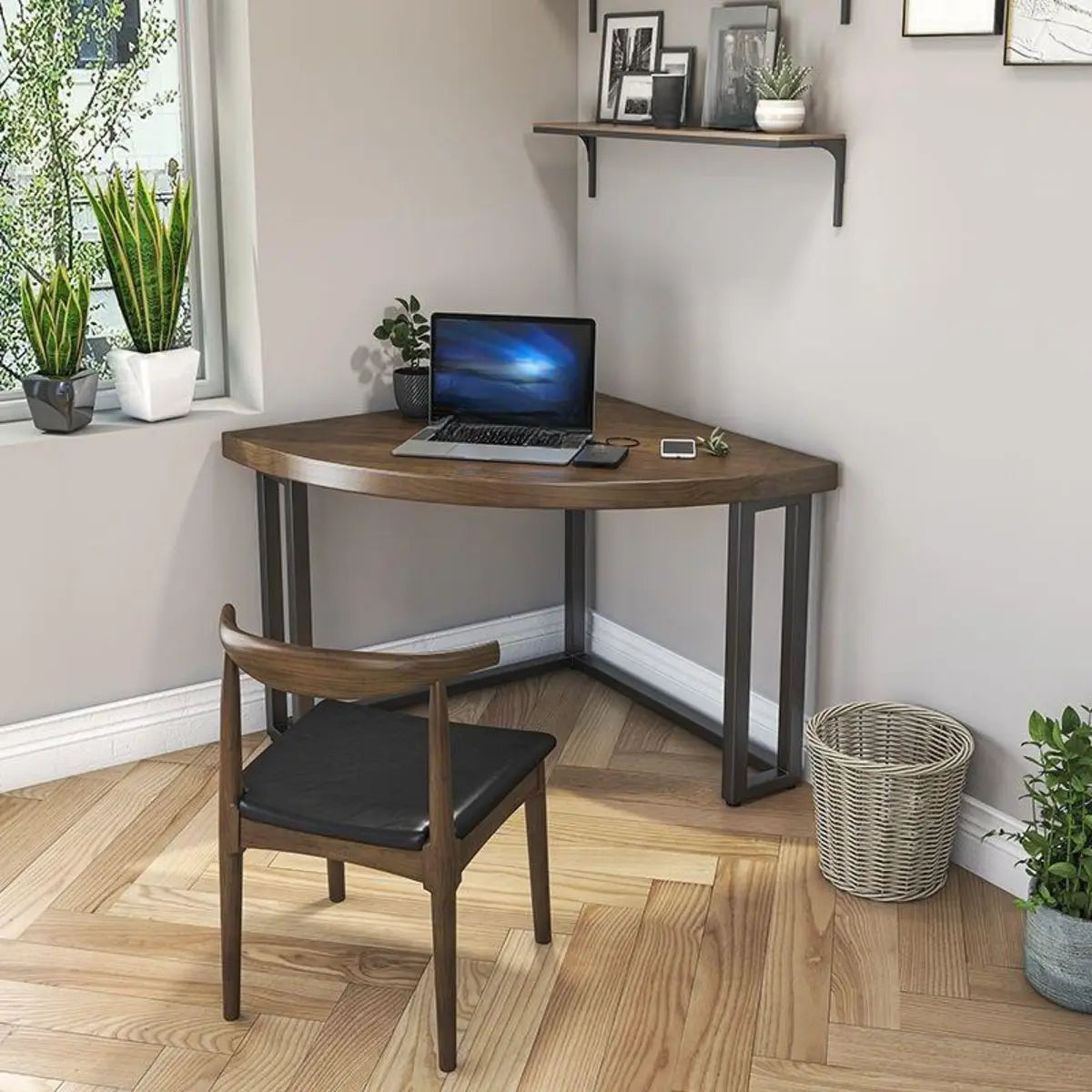 Brown Wood Black-Base Fillet-Shaped Writing Desk