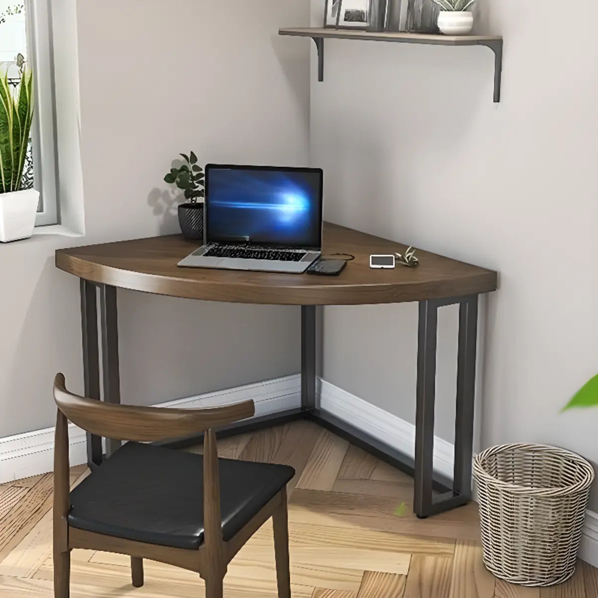 Brown Wood Black-Base Fillet-Shaped Writing Desk — Without Chairs / Fillet