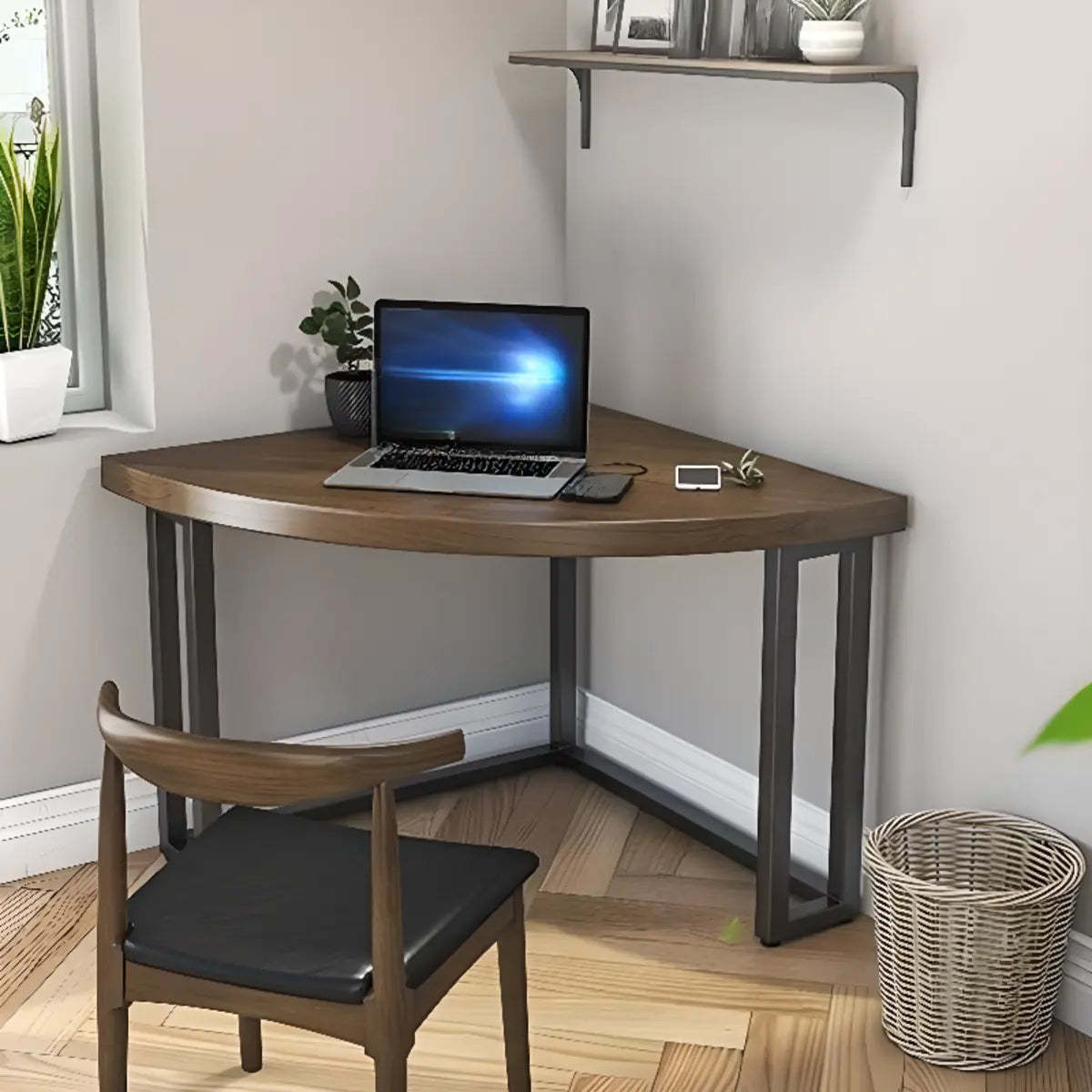 Brown Wood Black-Base Fillet-Shaped Writing Desk — Without Chairs / Fillet