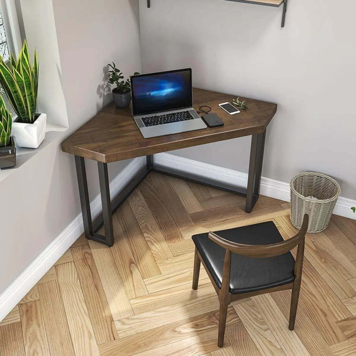 Brown Wood Black-Base Fillet-Shaped Writing Desk — Without Chairs / Fillet