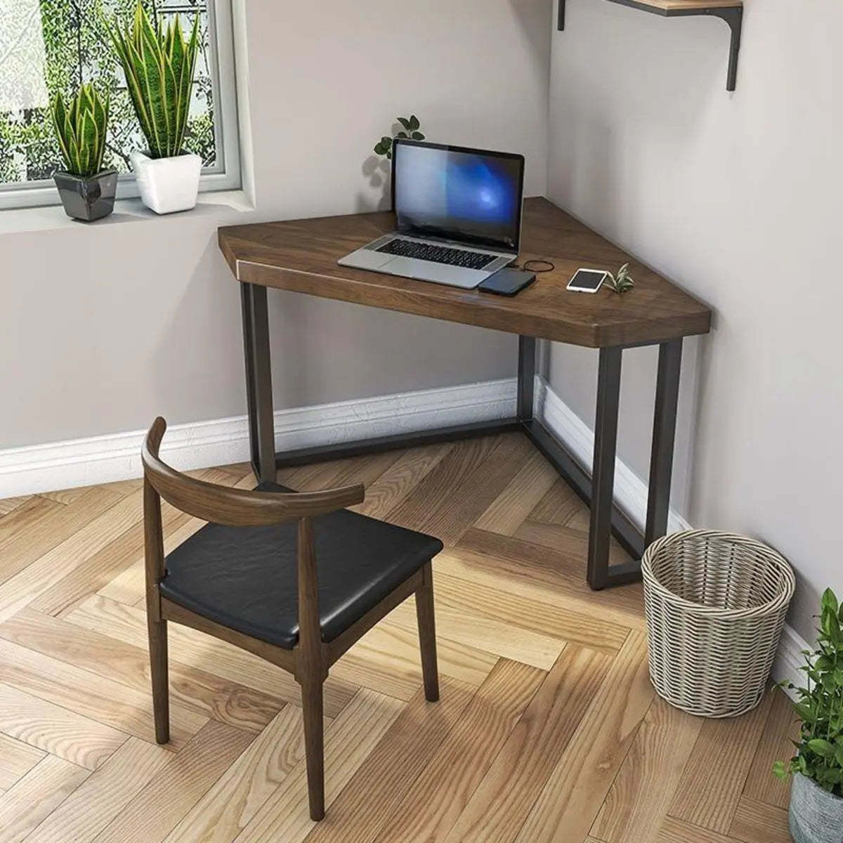 Brown Wood Black-Base Fillet-Shaped Writing Desk — Without Chairs / Fillet