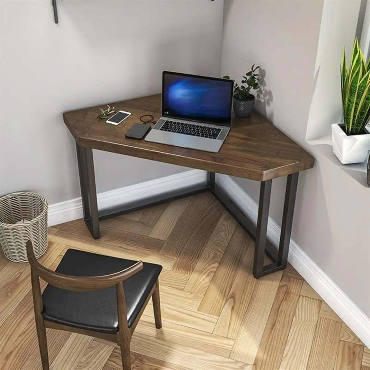 Brown Wood Black-Base Fillet-Shaped Writing Desk — Without Chairs / Triangle