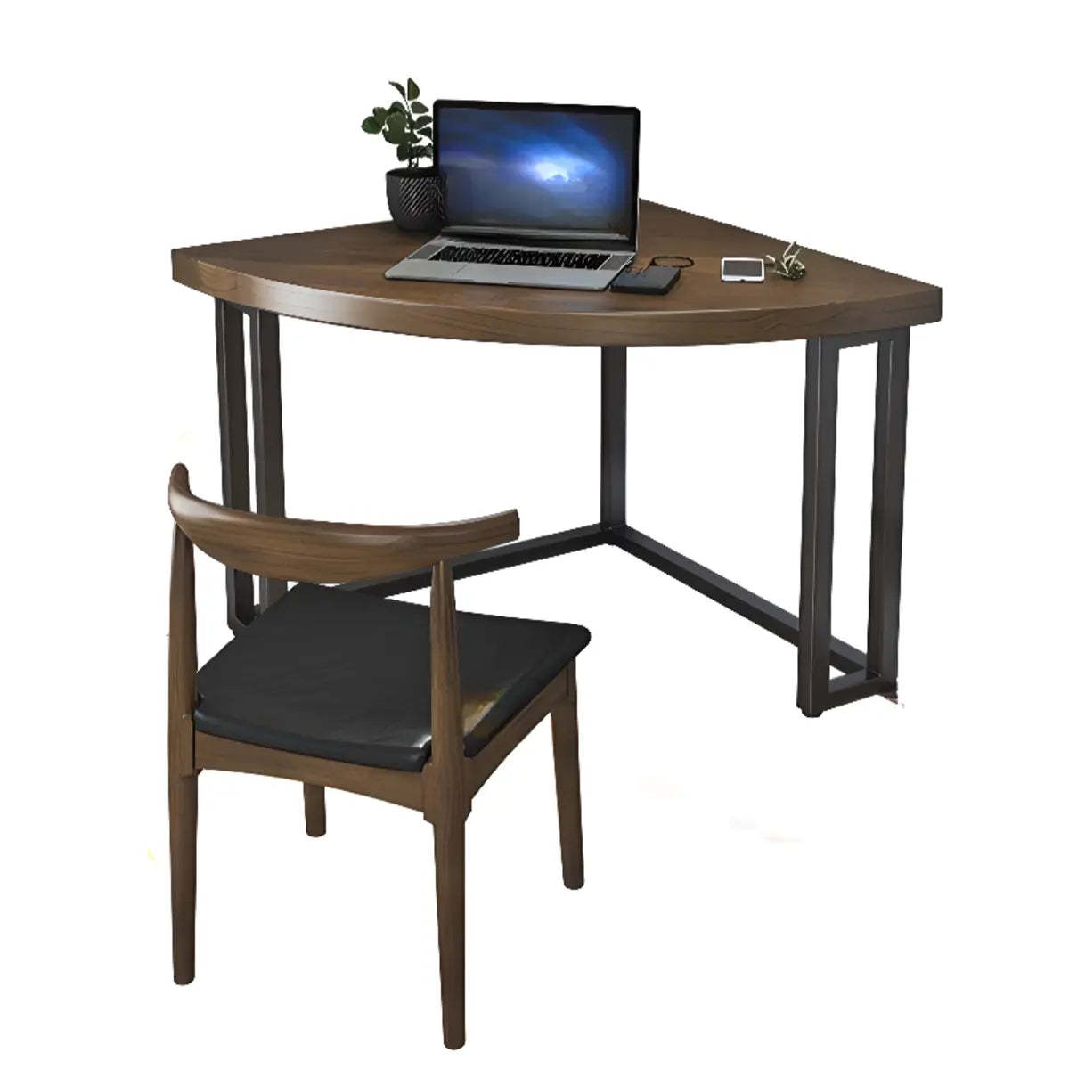 Brown Wood Black-Base Fillet-Shaped Writing Desk — Without Chairs / Triangle