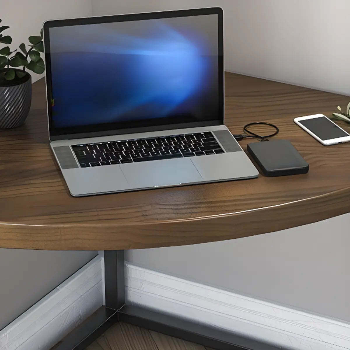 Brown Wood Black-Base Fillet-Shaped Writing Desk — Without Chairs / Triangle