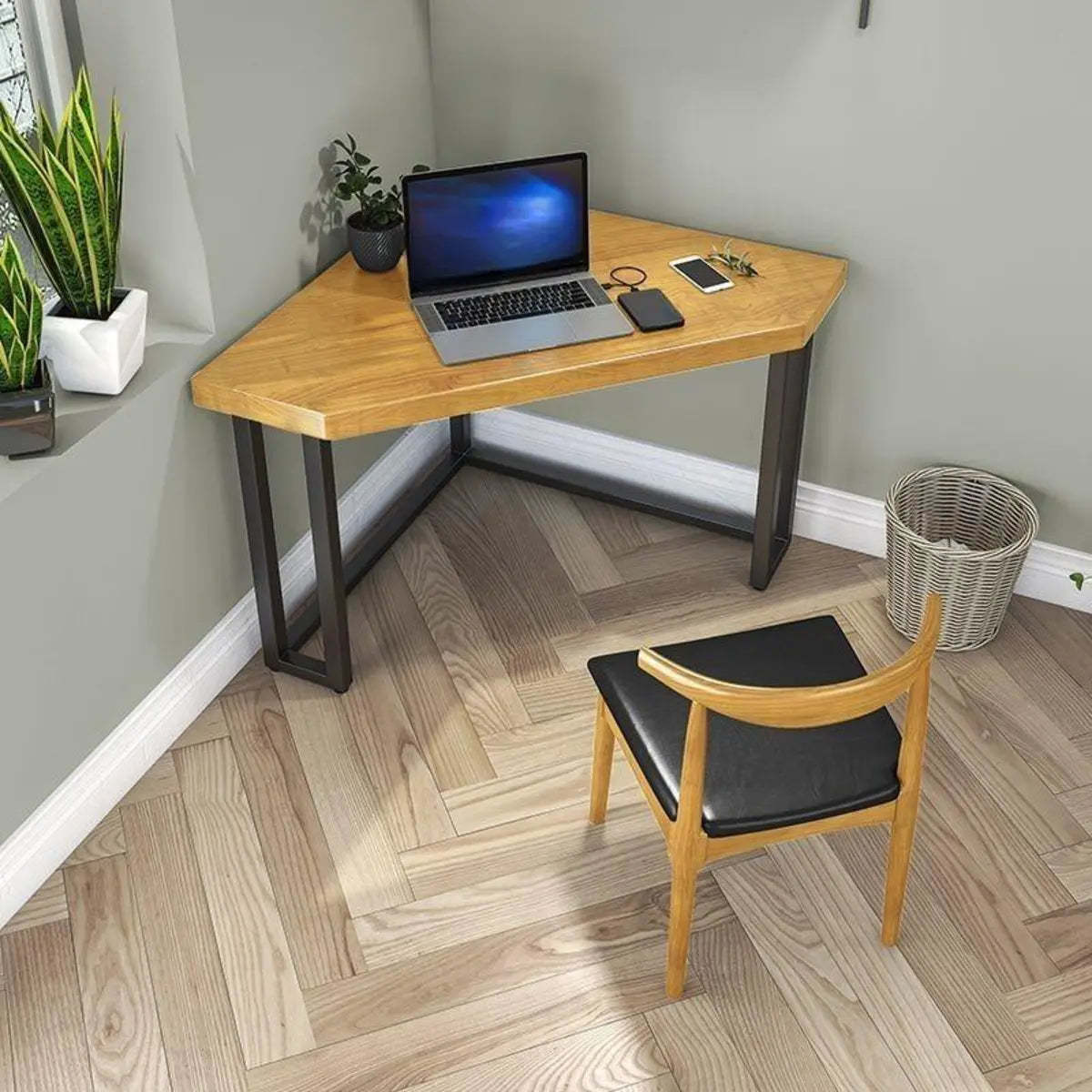 Brown Wood Black-Base Fillet-Shaped Writing Desk
