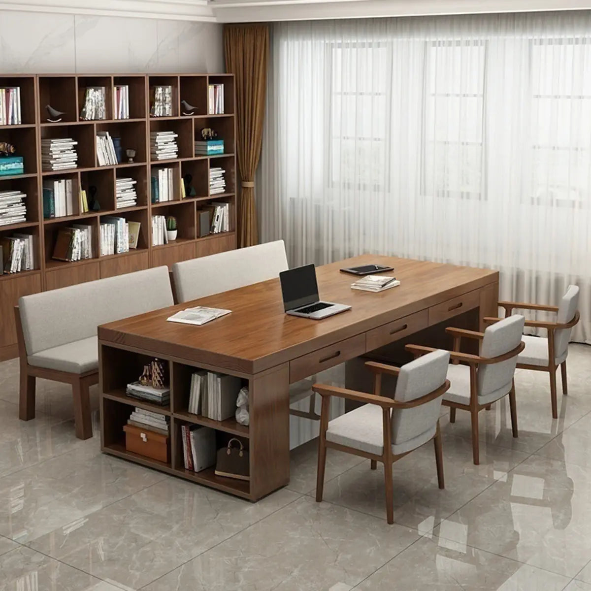 Brown Wood Sled Conference Table with Drawers and Shelf