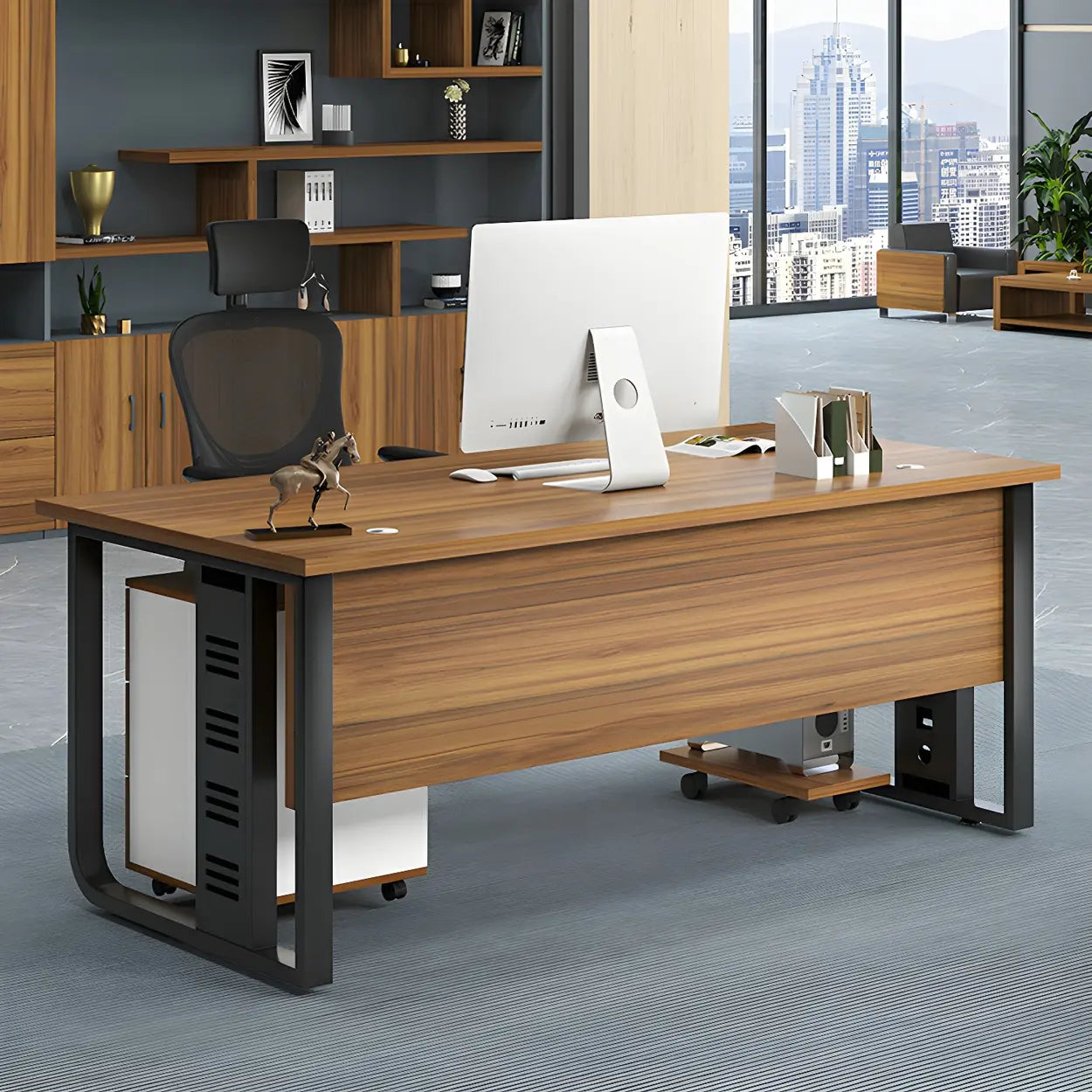 Brown Wood Drawer Steel Sled Computer Desk