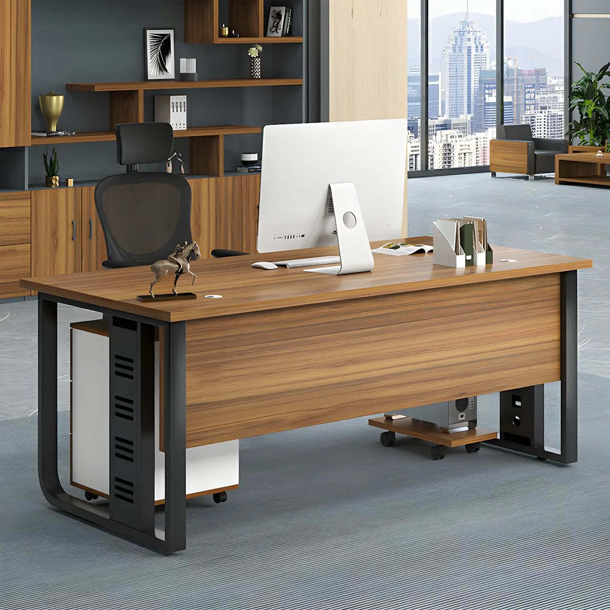 Brown Wood Drawer Steel Sled Computer Desk