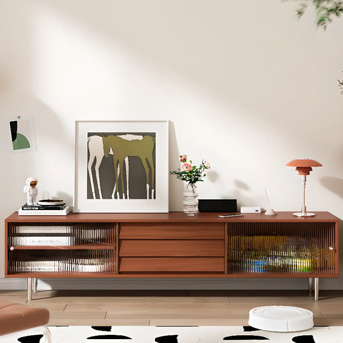 Brown Wood Enclosed Storage TV Stand with Shelves