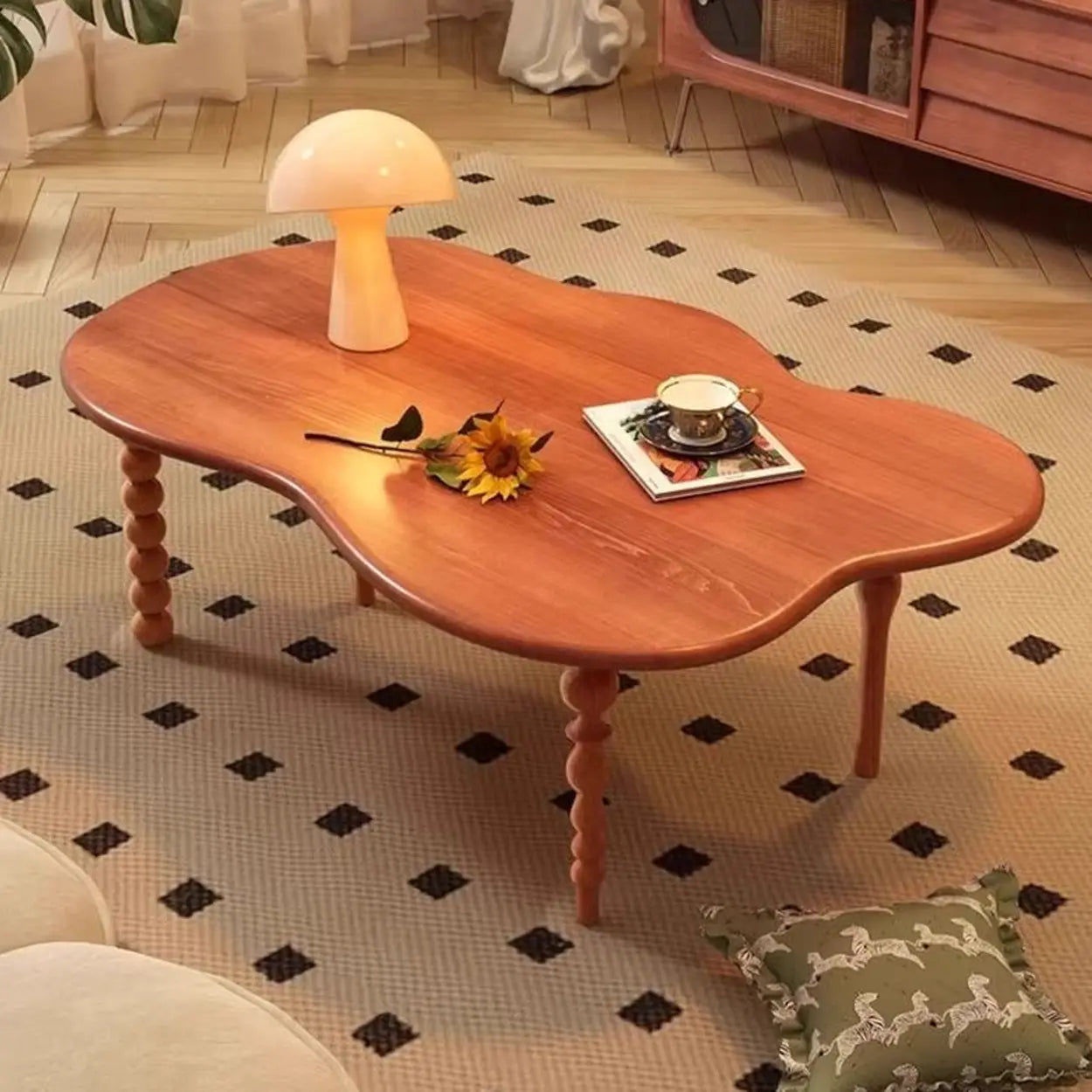 Brown Wood Free Form Coffee Table with Four Legs