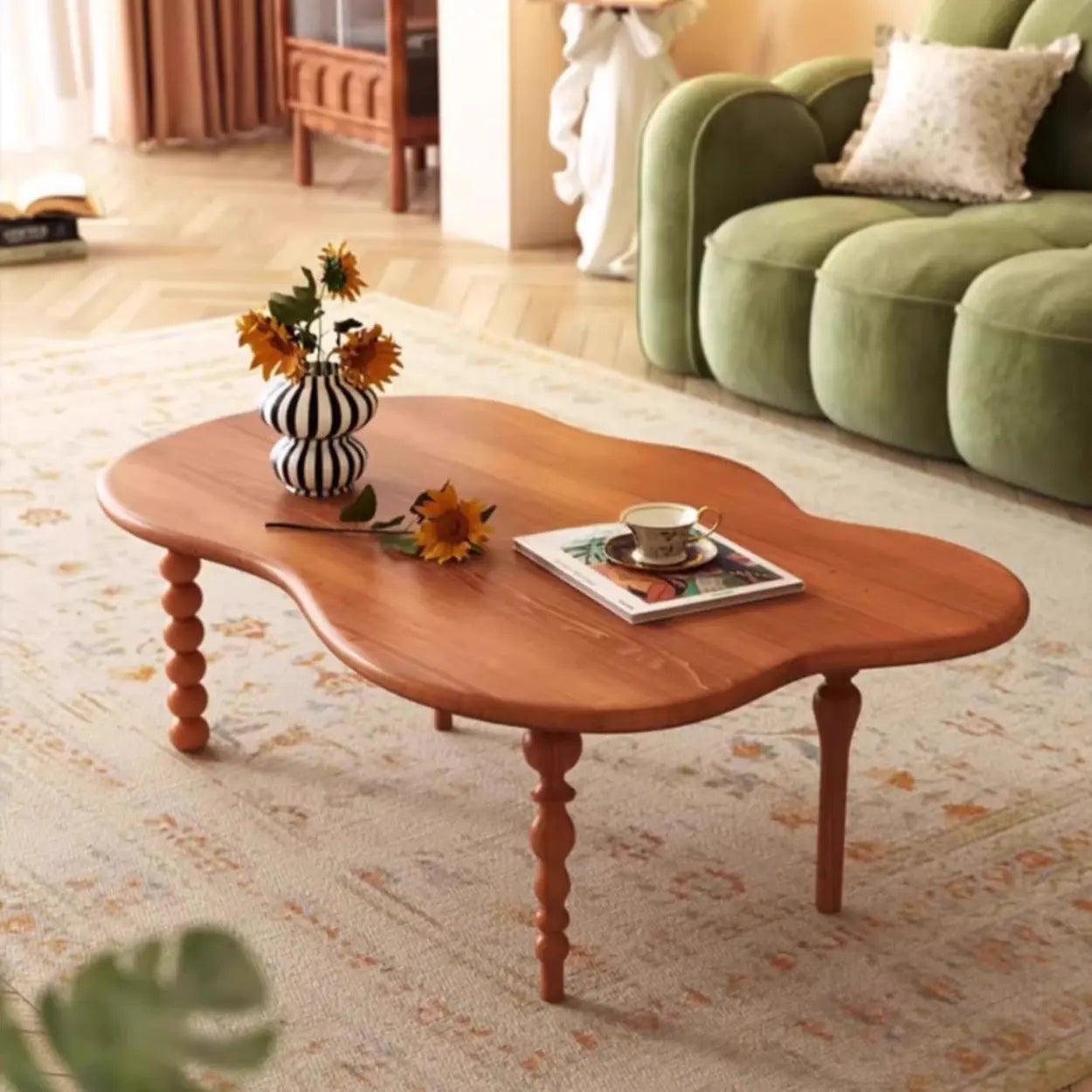 Brown Wood Free Form Coffee Table with Four Legs