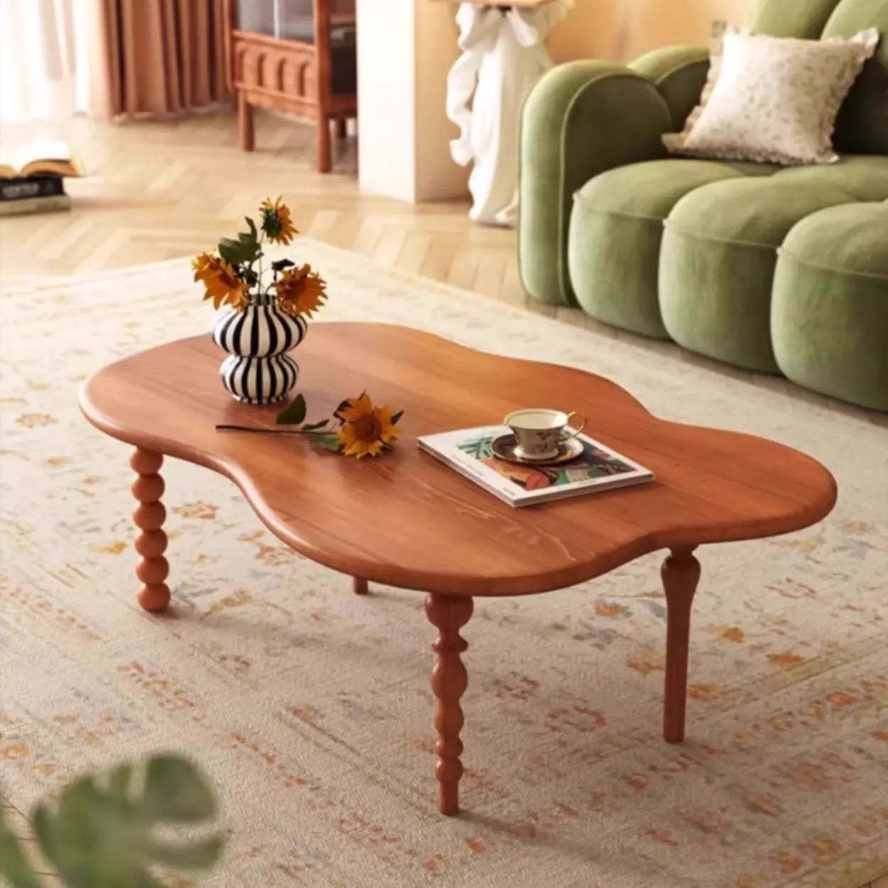 Brown Wood Free Form Coffee Table with Four Legs