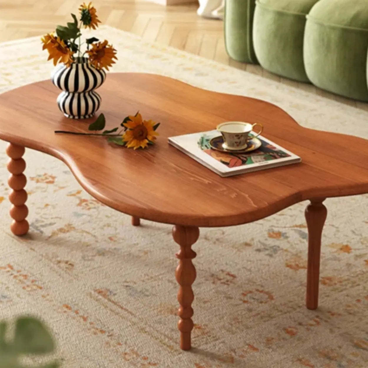 Brown Wood Free Form Coffee Table with Four Legs