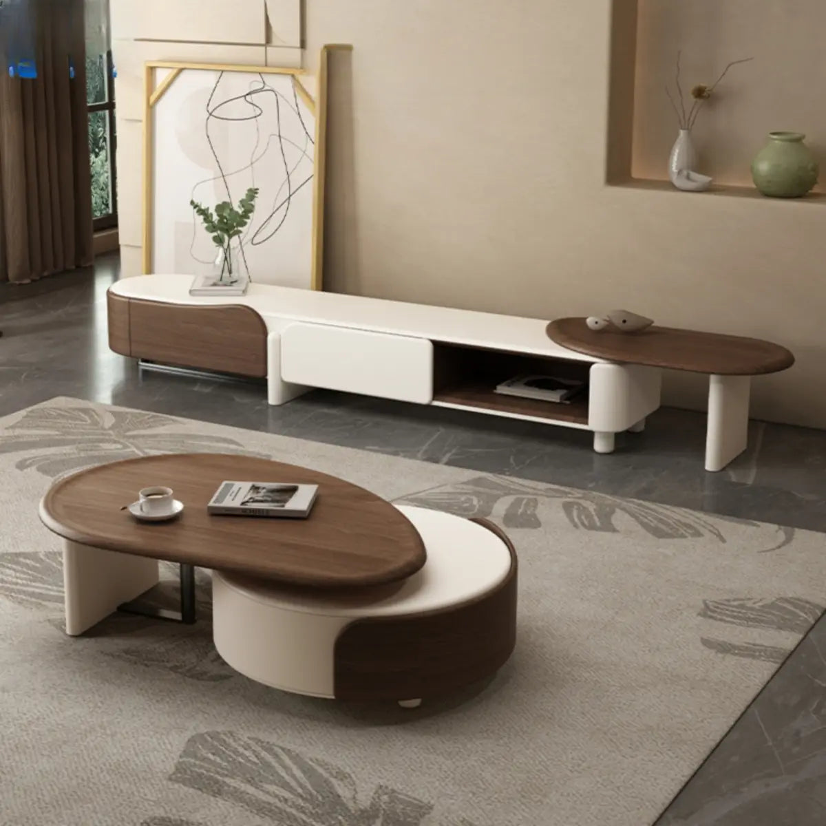 Brown Wood Free Form Tray Top Storage Coffee Table