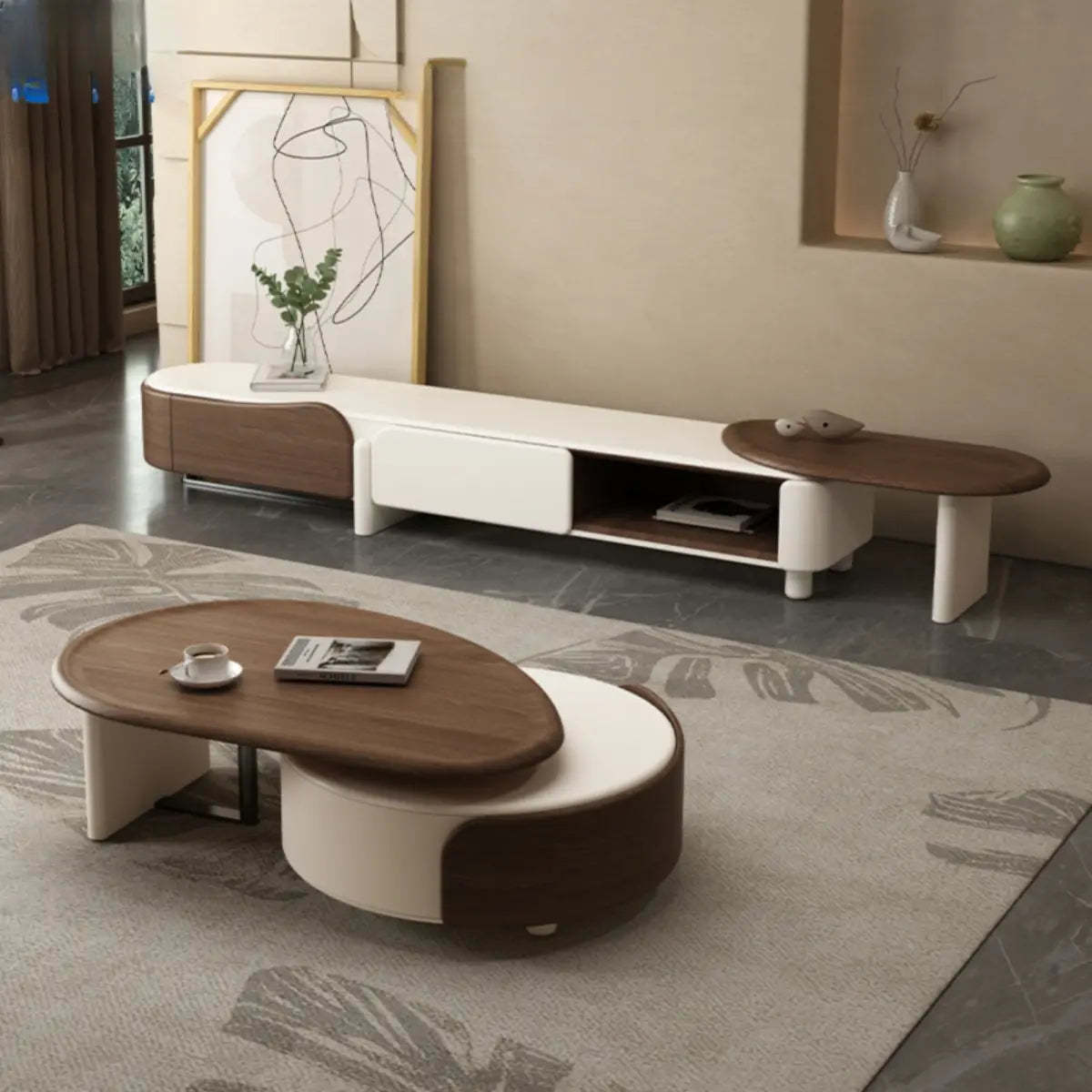 Brown Wood Free Form Tray Top Storage Coffee Table — Natural Finish
