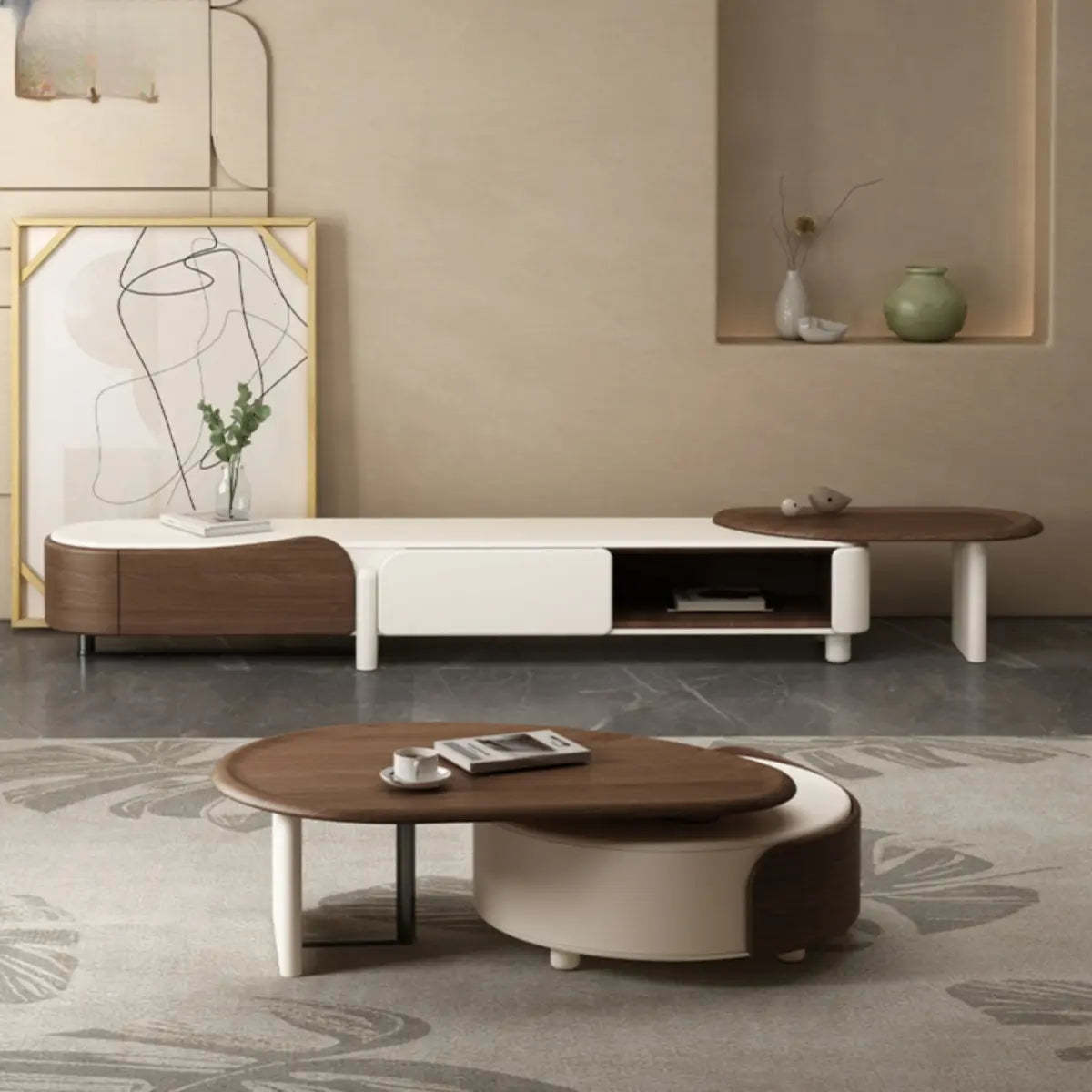 Brown Wood Free Form Tray Top Storage Coffee Table