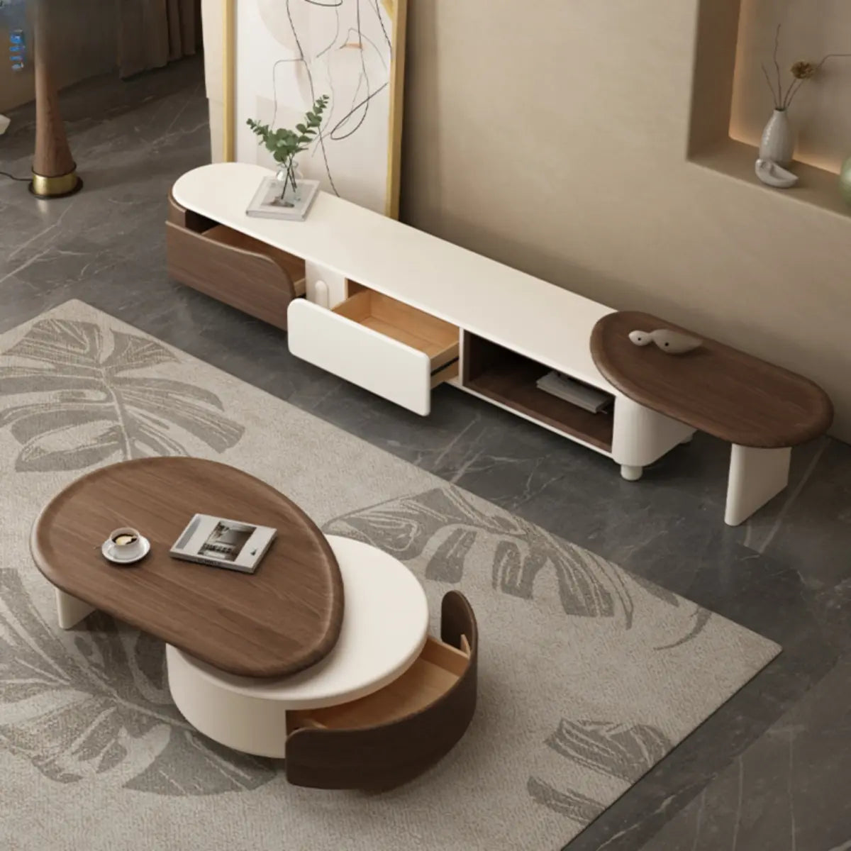Brown Wood Free Form Tray Top Storage Coffee Table